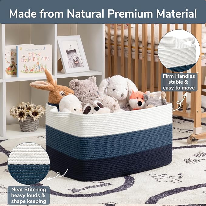 Goodpick Large Woven Rope Blanket Basket, Rectangle, Light Blue | 21.6'' x 14.9'' x 11.8'' Storage Basket for Toys, Books & Blankets, Bedroom & Nursery Organization, Reinforced Handles