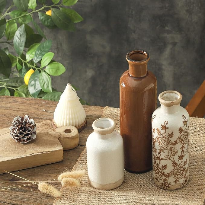 Vintage Vase Set of 3, Ceramic Vintage Flower Vases, Chinoiserie Decorative Home Decor Retro Floral Vase Rustic Farmhouse Decor for Table Bookshelf Mantel Kitchen Living Room Office - Brown