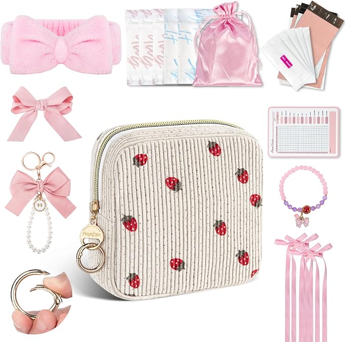 First Period Kit for Teen Girls, Bow Tie Corduroy Cute Sanitary Napkin Storage Bag, Menstrual Pad Bag Tampon Holder for Purse, First Period Gifts, Birthday/Christmas Gifts (Strawberry)