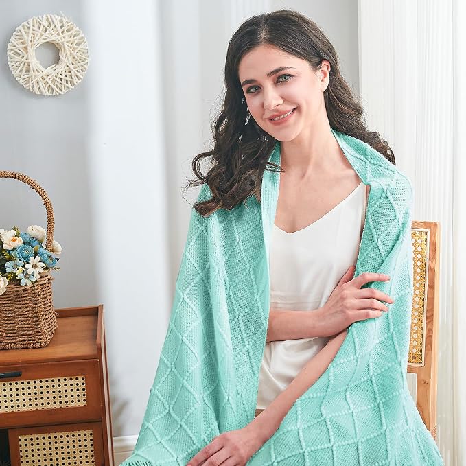 inhand Mint Green Knitted Throw Blanket for Couch and Bed, 50"x60" | Soft Living Room Home Decor Knitted Blanket with Tassel, Outdoor Lightweight Breathable , Farmhouse Warm Woven Decorative