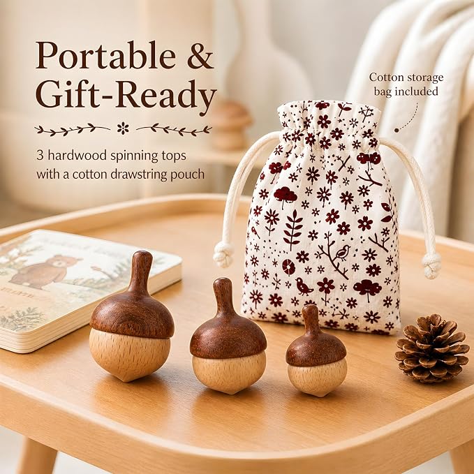 Wooden Spinning Tops Acorn Toy | 3 Pcs Wood Tops Made from Sapele and Beech Hardwood with Cotton Drawstring Storage Bag | Smooth & Safe for Toddlers Skill Play and Travel, Gift-Ready