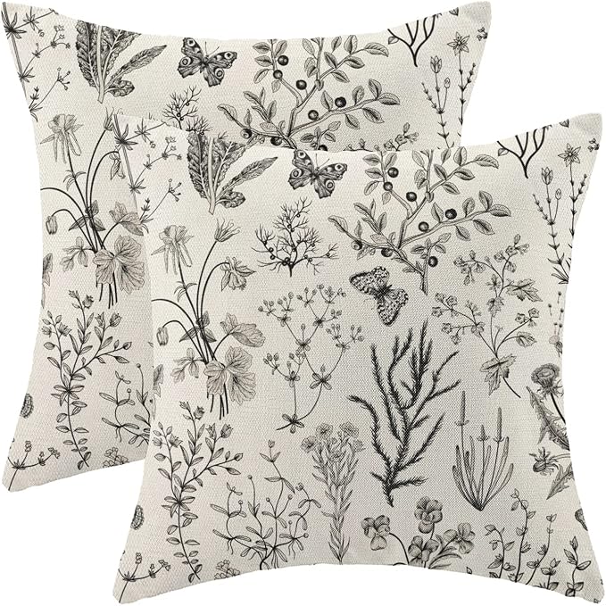 AEIOAE Spring Pillow Covers 16x16 Inch Set of 2,Black Gray Wild Flower Plant Throw Pillows Case,Seasonal Floral Outdoor Decorative Square Linen Farmhouse Decor Cushion Covers for Home Sofa Bed Couch