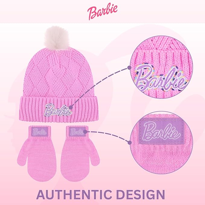 Barbie Girls Winter Hat with Gloves for Ages 5-13 Years – Ultra Soft Pink Beanie Winter Hat for Outdoors