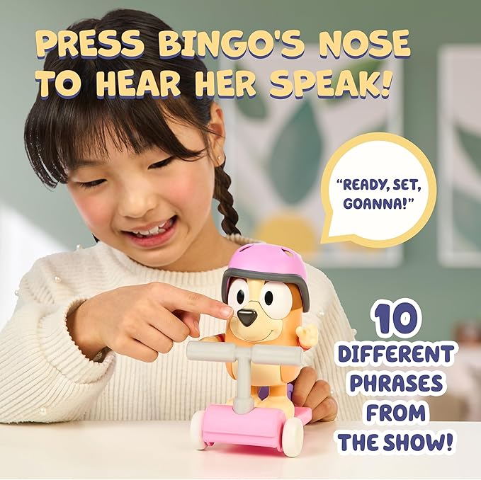 Bluey Chat Mates and Accessory Scooter Bingo Figurine Playset, Articulated, Kids Figurines with 10 Phrases, Interactive Play Figure Toys for Ages 3+