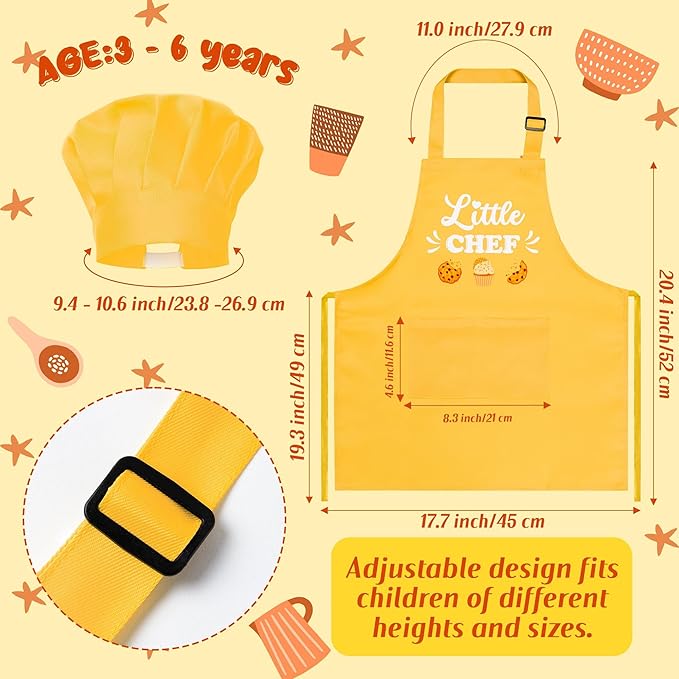 R HORSE Kids Chef Hat and Apron, Adjustable Kids Aprons with Pocket, Yellow Chef Kitchen Apron Girls Boys Kitchen Toddler Aprons for Cooking Baking