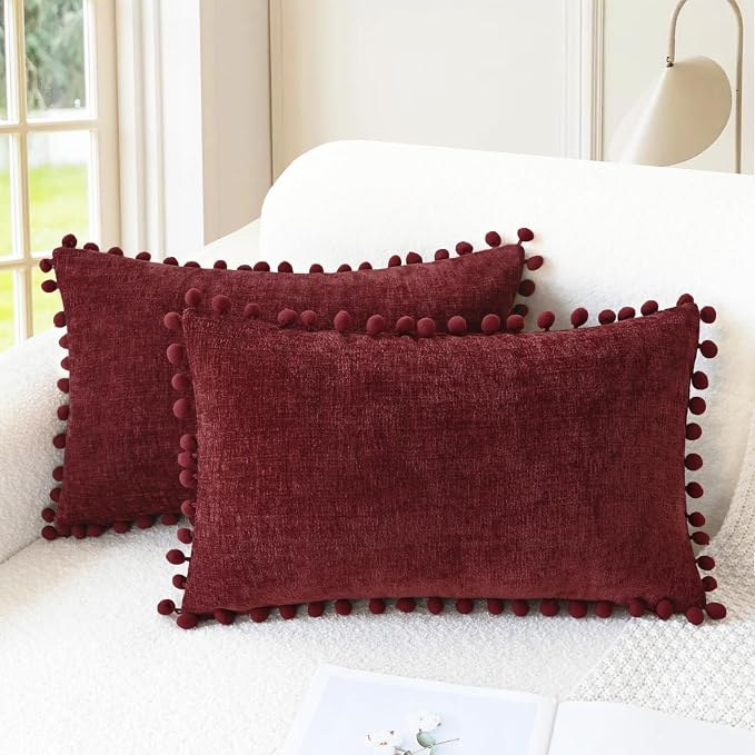 CaliTime Decorative Couch Throw Pillow Covers 20 X 12 Inches Burgundy | Pack of 2, Cozy Chenille Cushion Cases, with Pom Poms for Sofa Bed Living Room Farmhouse Home