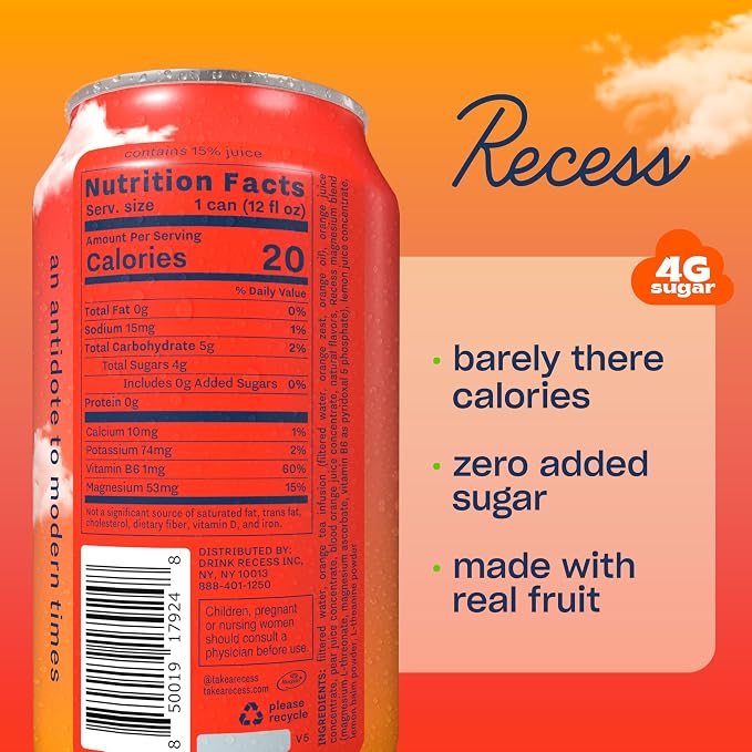 Recess Mood Magnesium & Adaptogen Drink, Relaxation Beverage, 12 ounce (Blood Orange, 12 pack)
