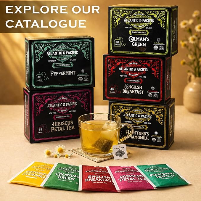 A&P Coffee Hartford’s Chamomile Tea Bags, 48 Count, Caffeine Free Herbal Tea, Soothing Bedtime Tea, Calming Relaxation Blend, Smooth Flavor, Hot or Iced Tea, Premium Herbal Infusion, Fresh Aroma