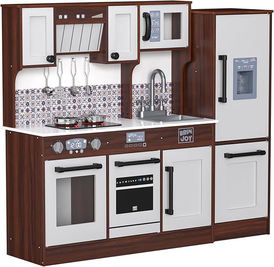 BRINJOY 2-Piece Kids Kitchen Playset, Wooden Play Kitchen Set for Toddlers, Modular Pretend Play Kitchen w/Light&Sound Stove Oven, Large Kitchen Cooking Toy w/Refrigerator, Gift for Girls Boys