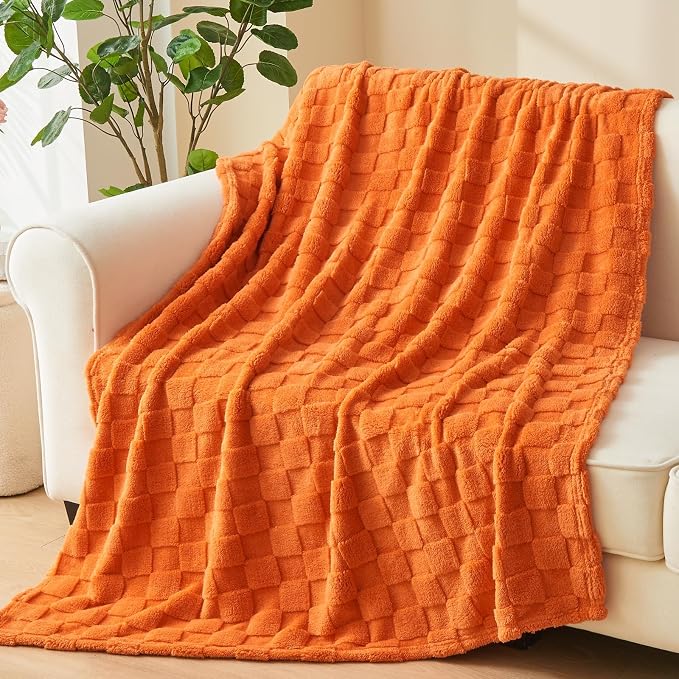 NEWCOSPLAY 3D Checkered Flannel Queen Blanket, Orange Checkered, 90"x90" | Super Soft Cute Lightweight Decorative Premium Silky Fleece Blanket for Couch Sofa Bed, Gift for Women Men, All Season Use