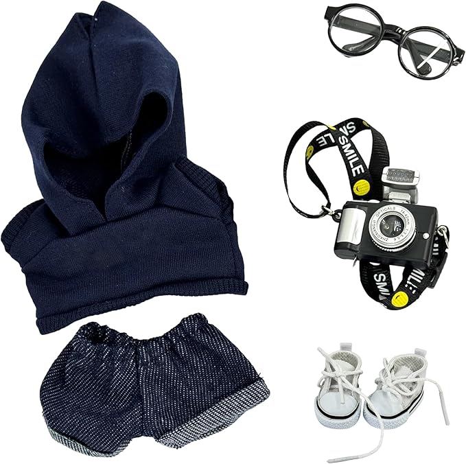 17cm Doll Clothes, Fashion 5 Piece 17cm Dolls Outfits Accessories Set with Hoodies, Jeans, Small Camera, Glasses, Canvas Shoes Clothes Set for Dolls