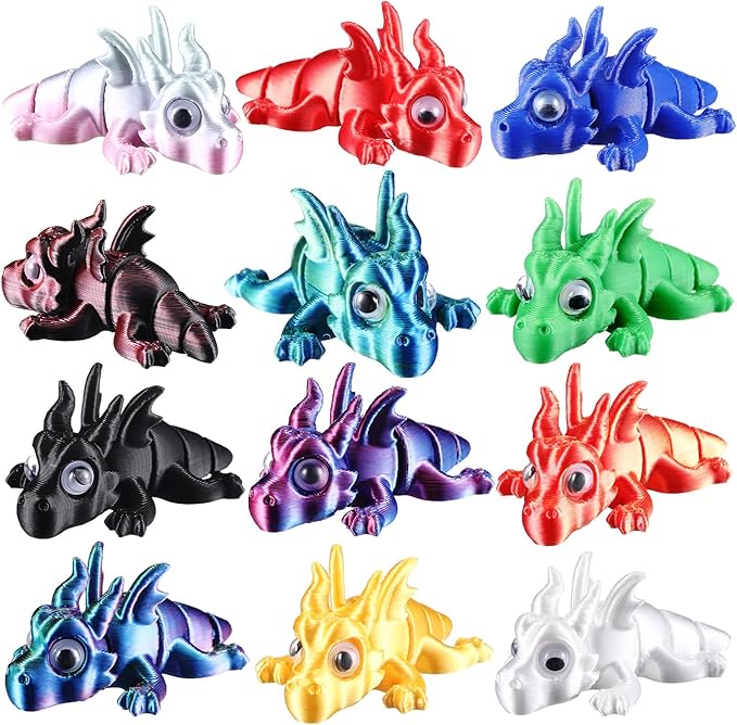 Honoson 12 Pcs 3D Printed Fidget Toy 3D Printed Dragon Small Animal Toy Flexible Cute Articulating Pet Stress Relief Fidget Toys for Play and Display(5cm)