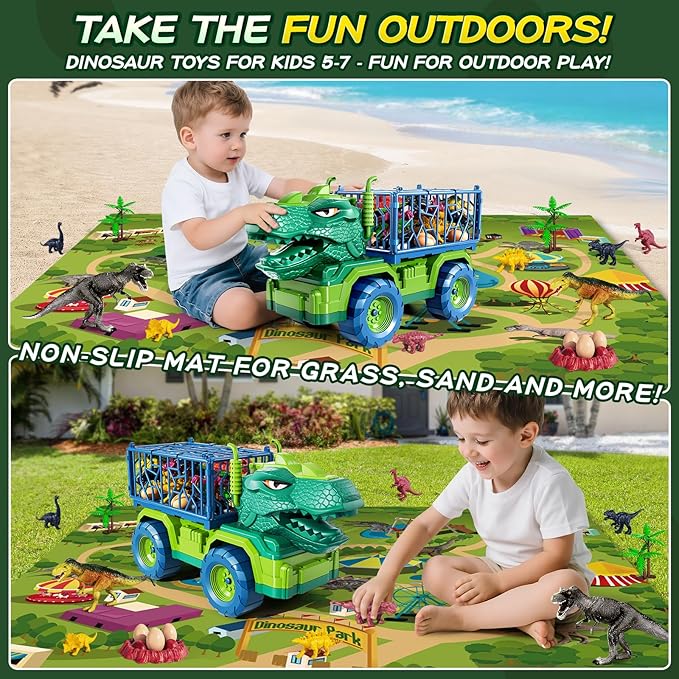 Dinosaur Cars Truck Toys for Kids 3-5 with 8 Dinosaur Figures, Activity Play Mat, Dinosaur Egg, Trees, Jurassic Play Set for Boys and Girls Ages 5-7