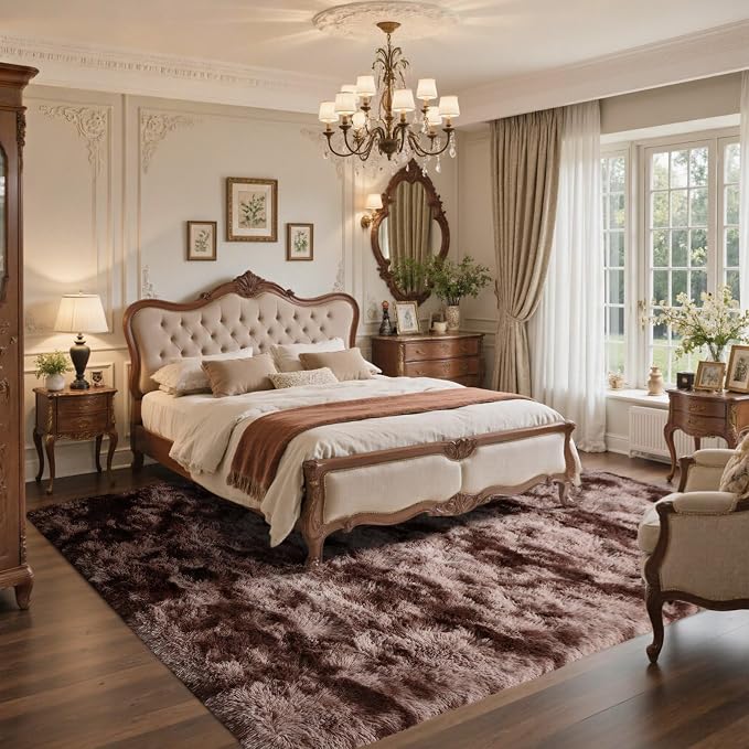 6x9 Brown Rugs for Living Room Fluffy Fur Bedroom Area Rug,Rustic Plush Non-Slip Dark Carpet for Book Room Office,Coffee Stain Resistant