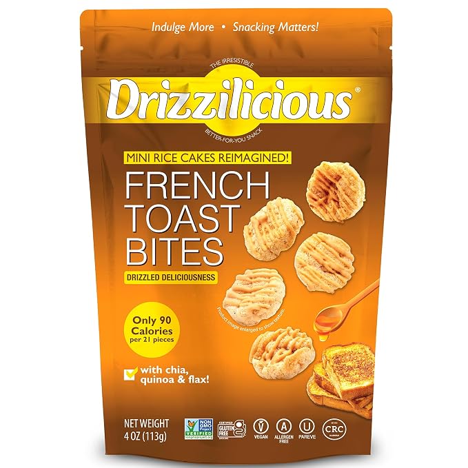 Drizzilicious Mini Flavored Rice Cakes French Toast - Rice Crisps, Healthy Snack for Adults and Kids, Vegan, Gluten Free Snack, Allergen Free, Only 90 Calories Per 21 Pieces - 4 oz (Pack of 1)