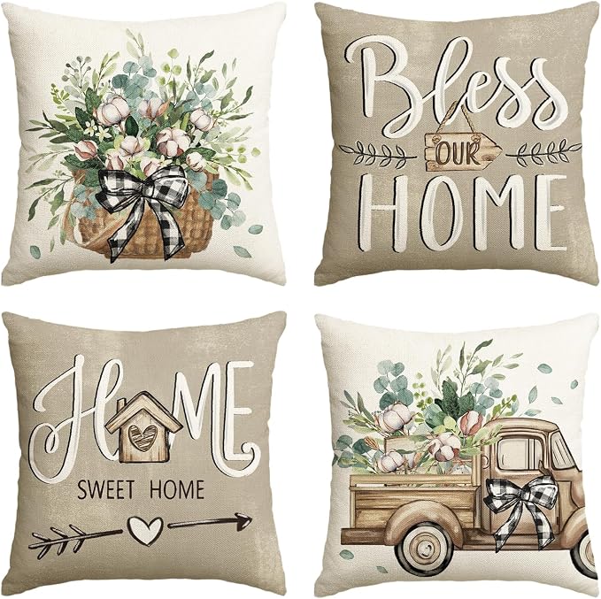 AVOIN Colorlife Bless Our Home Farmhouse Eucalyptus Leaves Throw Pillow Covers, 16 x 16 Inch Truck Home Sweet Cushion Case Decorations Set of 4