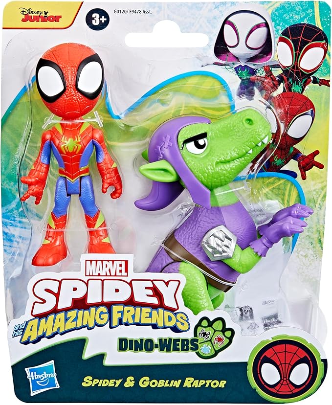Marvel Spidey and His Amazing Friends Dino-Webs, Spidey and Goblin Raptor Action Figures Set, Super Hero Toys for Boys and Girls Ages 3 and Up
