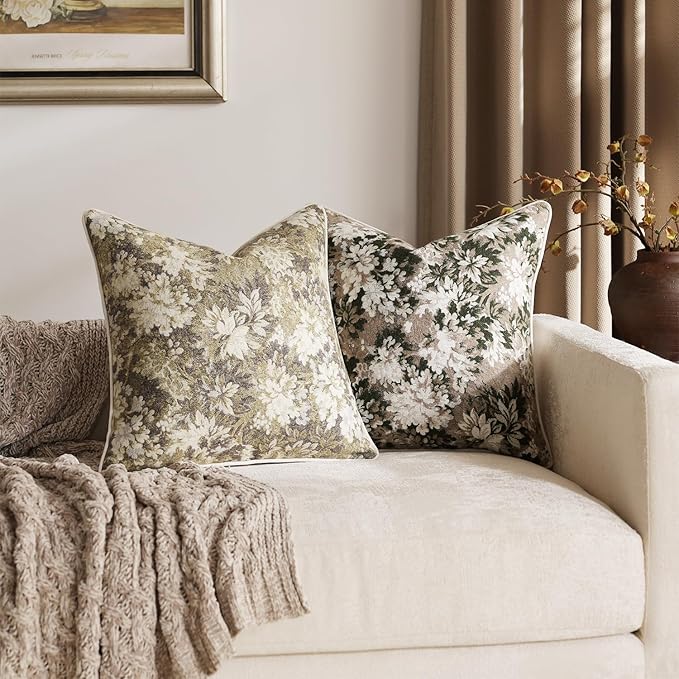 Pack of 2 Vintage Floral Euro Sham Covers 24x24 Boho Farmhouse Accents Chenille Square Decorative Throw Pillow Cases for Living Room Couch Bed Home Decor, Beige