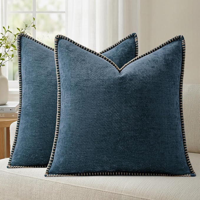 a moment Pack of 2 Decorative Chenille Throw Pillow Covers with Twill Cushion Covers for Sofa Living Room Couch Bed 20x20 Inch,Crafted Border Blue