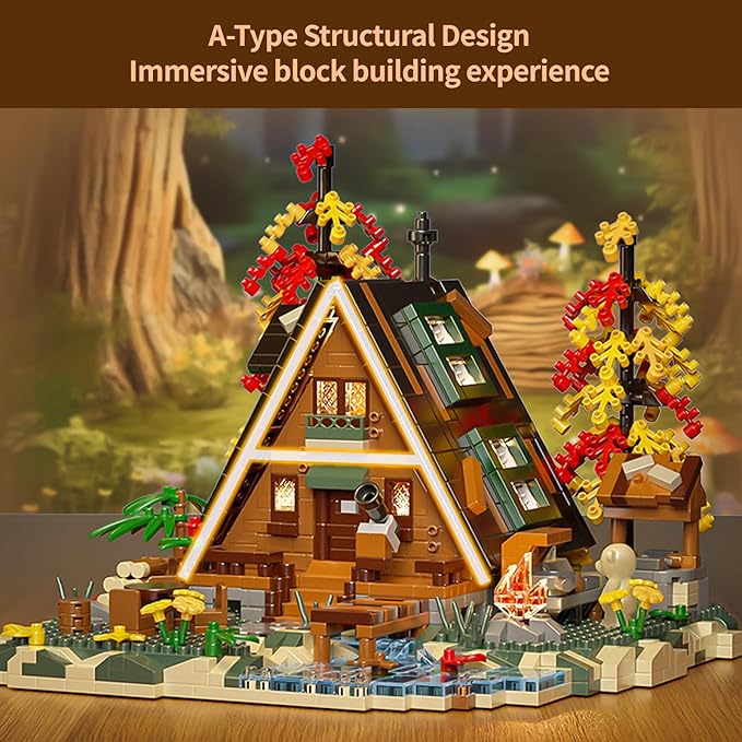 Wood Cabin Building Blocks Set with LED Lights-2151PCS Micro Bricks,Forest Wood House Building Toy Kit,Miniature House Model Decorations, Funny Birthday, for Age8+ Kids Adults