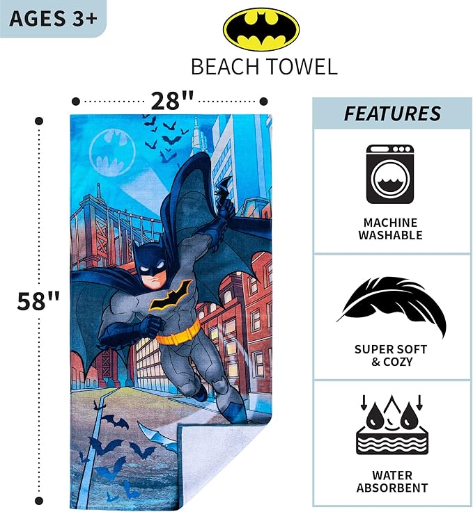 Franco Kids Super Soft Cotton Beach Towel, 58 in x 28 in, Batman DC Comics