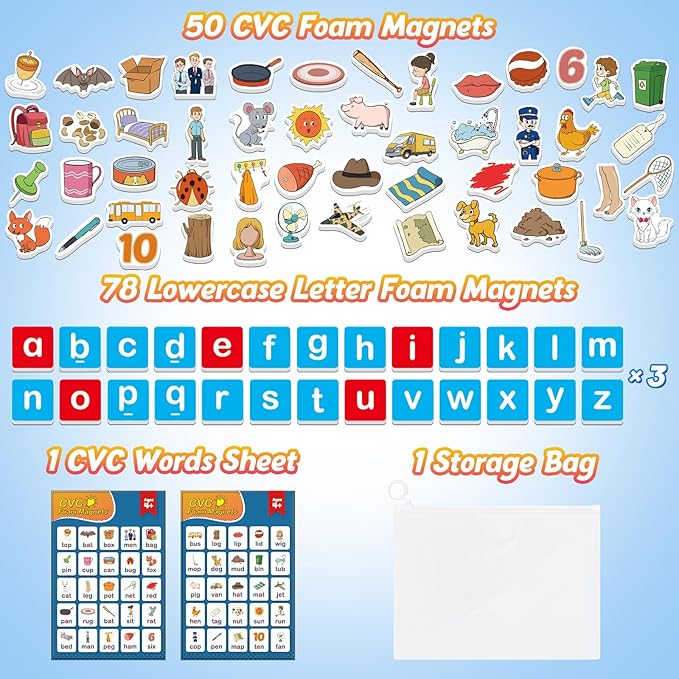 Magnetic Letters & CVC Word Games, Phonics Games, Alphabet Learning Toys, Refrigerator Fridge ABC Magnets for Kids, Speech Therapy Toys for Toddler, Spelling Reading for Preschool Classroom