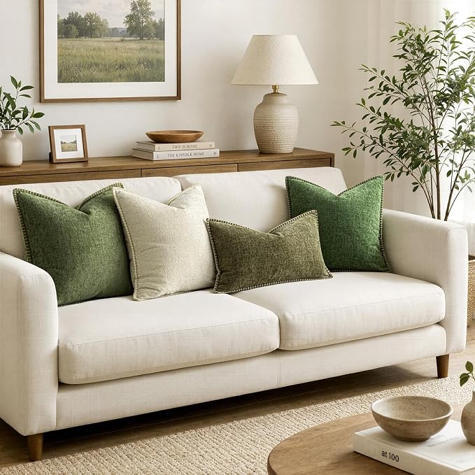 MIULEE Decorative Lumbar Throw Pillow Covers 12x20 Inch Olive Green 2 Pack | Farmhouse Pillow Covers with Stitched Edge, Soft Chenille Cushion Cases, for Couch Sofa Bed Living Room Home Decor