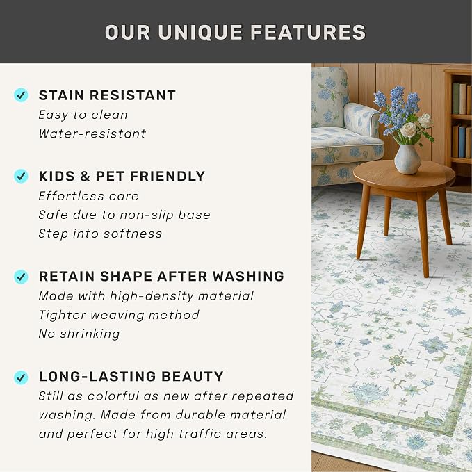 Hazo Haus Washable Oushak Bathroom Runner Rug 2x5 - Eclectic Boho Floral Pastel, Non Slip Low Pile Stain Resistant Small Throw Rug for Bedroom, Laundry Room, Powder Room, Cream Green