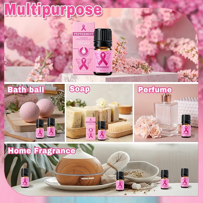 50 PCS Breast Cancer Awareness Peppermint Essential Oil Set for Skin Diffuser Candle Making Pink Ribbon Fragrance Aromatherapy Oils for Pink October Breast Cancer Charity Survivor Gifts (5ml)