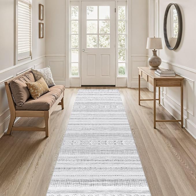 cotiled Hallway 2.6x8 Runner Rugs: Washable Boho Rugs with Non Slip Backing Large Soft Indoor Low Pile Carpet for Living Room Bedroom Farmhouse Dining Room Lightweight Home Decor Dark Grey