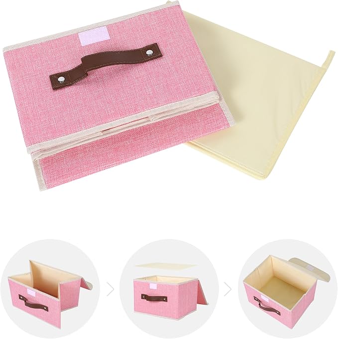 ANMINY Fabric Storage Box Bins with Lids, Pink, 10"x8"x7" | Keepsake Memory Storage, Cotton Linen, PP Board Reinforced, Washable, PU Handles, Foldable & Stackable, Decorative, Small