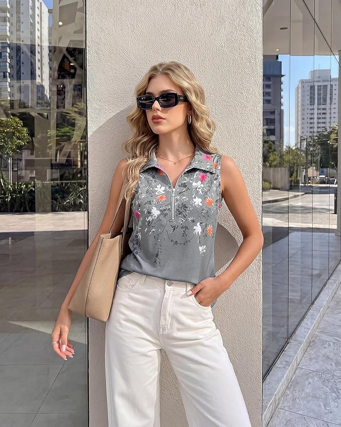 Vivilli Womens Ribbed Tank Top Zipper V Neck Dressy Casual Blouses Sleeveless Camisole Tops Work Tank Polo Shirts