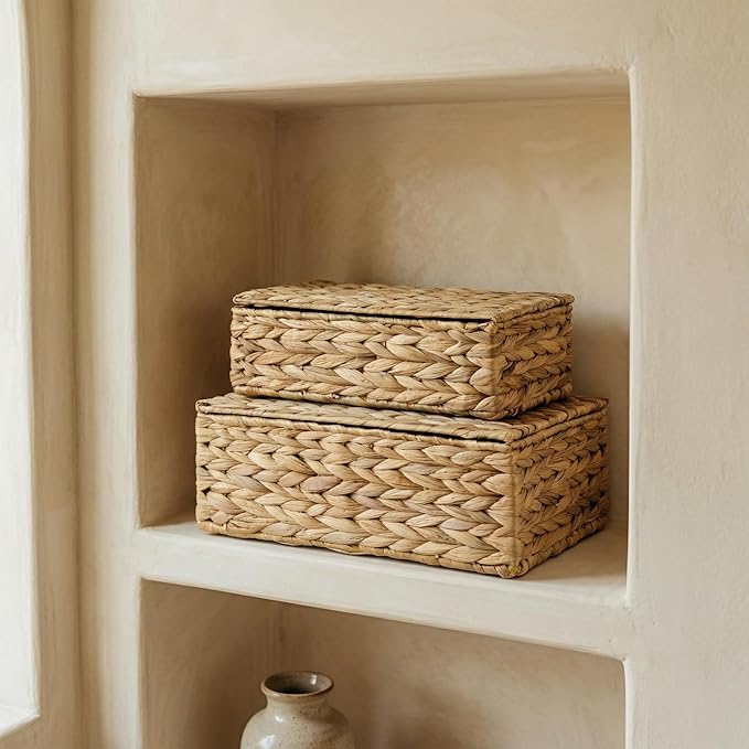 ZICOTO Decorative Storage Boxes with Lids - Set of 2 Wicker Organizer Bins | Beautiful Rattan Design for Shelves and Home Decor - Safely Store Photos, Documents and Memory Box Keepsakes in Style