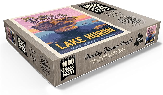 MyPuzzle Great Lakes: Lake Huron, Vintage Poster - Premium 1000 Piece Jigsaw Puzzle for Adults