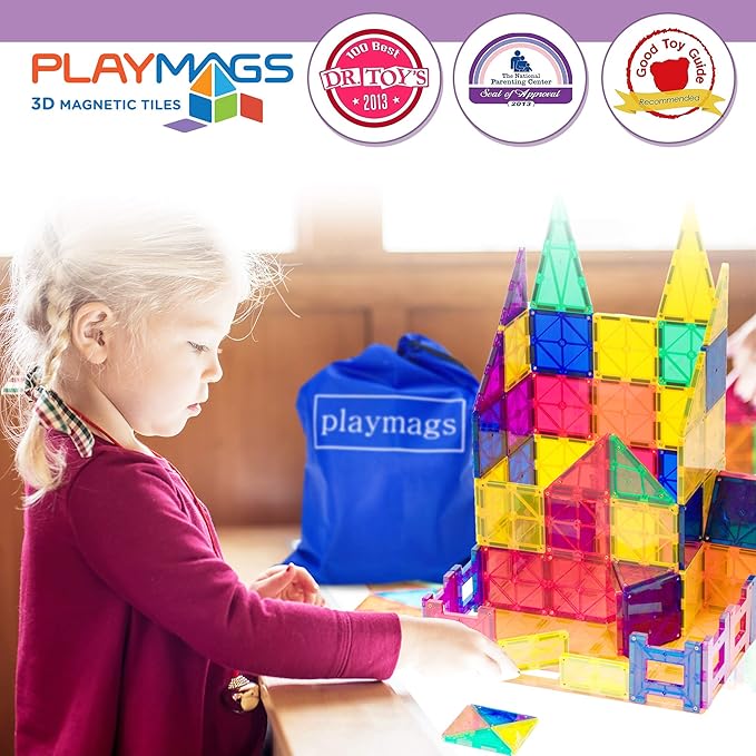 Playmags Magnetic Tiles Building Set 56 Pcs Set with Car - Super Durable Magnet Blocks, STEM Development Kids Building Toys for Boys Girls & Toddlers