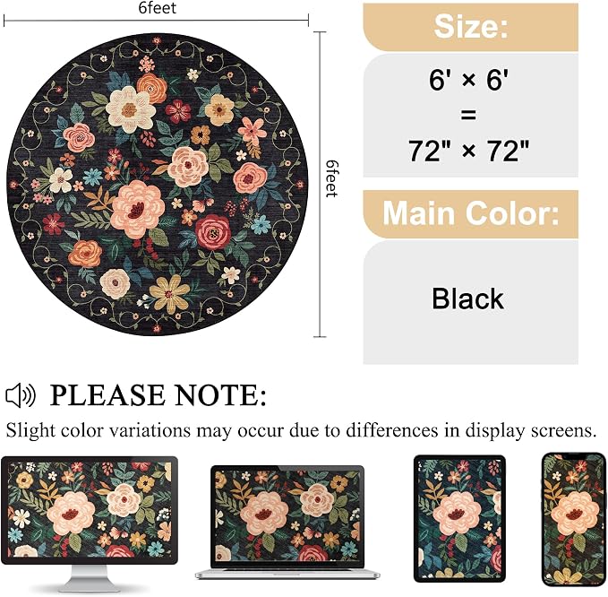 DUKINO 6ft Round Rug, Soft Washable Circle Rug for Bedroom Non Slip, Black | Low Pile, Stain Resistant Indoor Rug for Living Room, Dining Room, Kids Room, Office, Pet Friendly, Home Decor, Non-Shedding