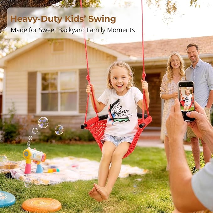 Swing Seat for Kids Heavy Duty Rope Play Secure Children Swing Set,Perfect for Indoor,Outdoor,Playground,Home,Tree,with Snap Hooks and Swing Straps,440 lbs Capacity,Red