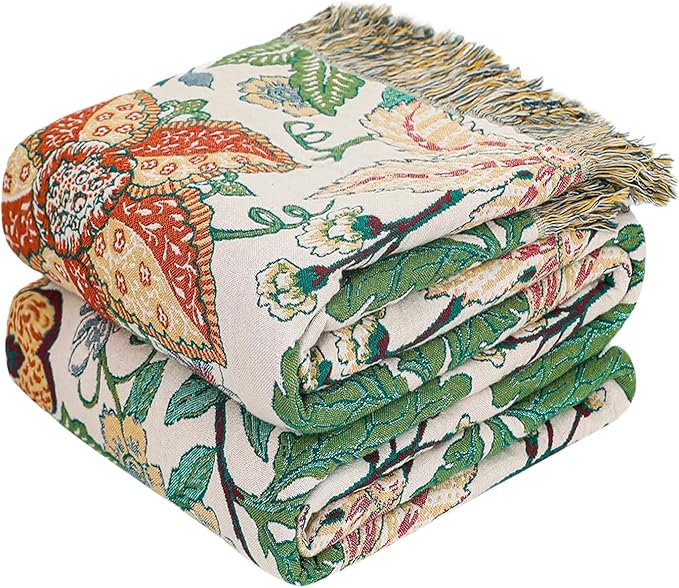 MSGKV Boho Throw Blanket 50"x60" 100% Cotton Embroidery Floral Muslin Throw | 100% Cotton Muslin, Embroidered Floral Throw, Soft & Breathable, Lightweight Comfort, Couch & Bed Decor, Machine Washable