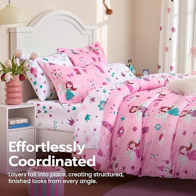 Joiedomi Kid Twin Comforter Set 5 Piece Princess Bedding Set for Boys Girls Super Soft Microfiber Bed in a Bag with Comforter Sheets Pillowcase Sham