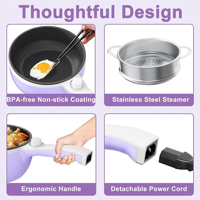 Dezin Hot Pot Electric with Steamer, 1.5L Non-Stick Portable Electric Pot | Dual Power, Upgraded 700W Electric Pot for Cooking Steak, Egg, Ramen Cooker for Dorm, RV, Office, Easy to Clean, Purple Pan