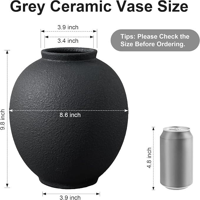 Starttag Large Black Ceramic Vase, 9.8 inch Rustic Farmhouse Flowers Vase for Home Decor, Sandstone Texture Round Pottery Tall Vase Indoor for Table Living Room Decor