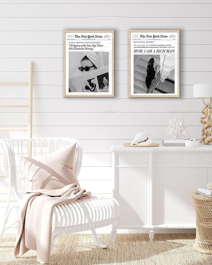 EcoHest 12x16 in Mom I Am a Rich Man Newspaper Framed Wall Art | Natural Oak Wood Frame, Canvas Wall Art, Girly Fashion Magazine Decor for Bedroom, Apartment, Dorm Room, College Room, 1Pack