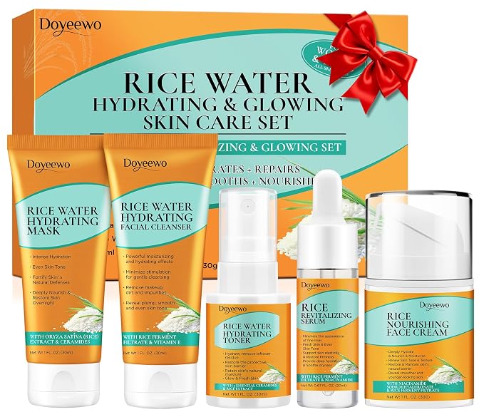 Skin Care Set w/Korean Rice Extract for Hydration,Glow,Repair &Radiant Skin | 5Pcs Women Teen Glass Skincare Routine Kit Self Care Gifts for Women Mom Wife Teenage Girl Valentines Christmas Gifts