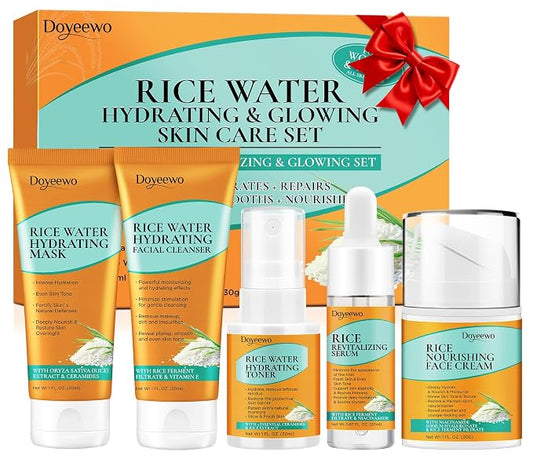 Skin Care Set w/Korean Rice Extract for Hydration,Glow,Repair &Radiant Skin | 5Pcs Women Teen Glass Skincare Routine Kit Self Care Gifts for Women Mom Wife Teenage Girl Valentines Christmas Gifts