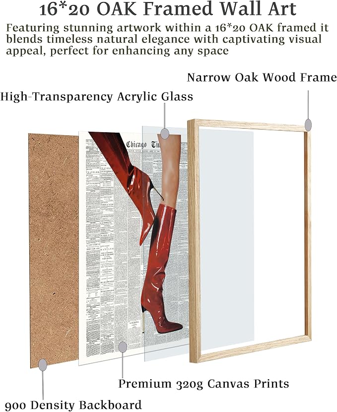 EcoHest 16x20 in Red Boots Newspaper Framed Wall Art | Solid Oak Wood Frame with Canvas Wall Art, Fashion Magazine Wall Decor for Bedroom, Apartment, Dorm Room, College Room, 1Pack
