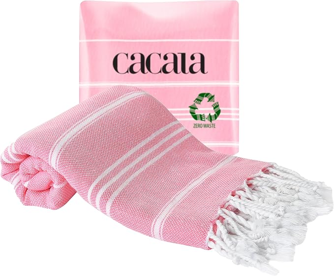 Cacala 100% Turkish Cotton Kitchen Tea Towels, Highly Absorbent Luxury Soft Quick Drying Dish Towel with Hanging Loop for Gym, Yoga, Bath, Sports, Cleaning and Kitchen (23 x 36), Pink