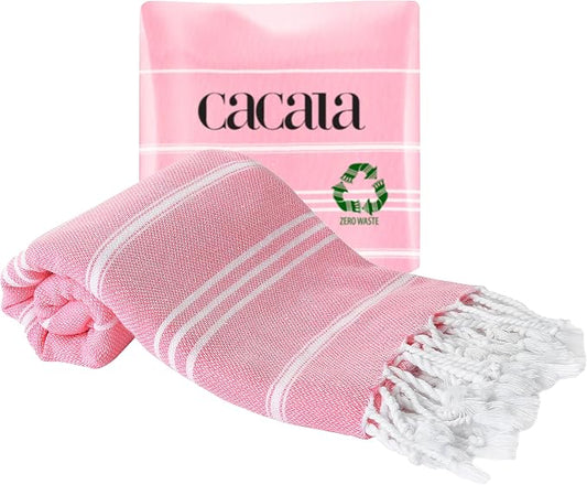 Cacala 100% Turkish Cotton Kitchen Tea Towels, Highly Absorbent Luxury Soft Quick Drying Dish Towel with Hanging Loop for Gym, Yoga, Bath, Sports, Cleaning and Kitchen (23 x 36), Pink