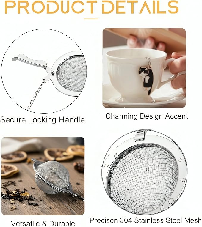 Cat Tea Infuser, 2 Pcs Cute Tea Diffuser Stainless Steel Mesh Loose Leaf Tea Infusers Tea Ball Strainers with Cat Pendants (Black&Orange Cats)