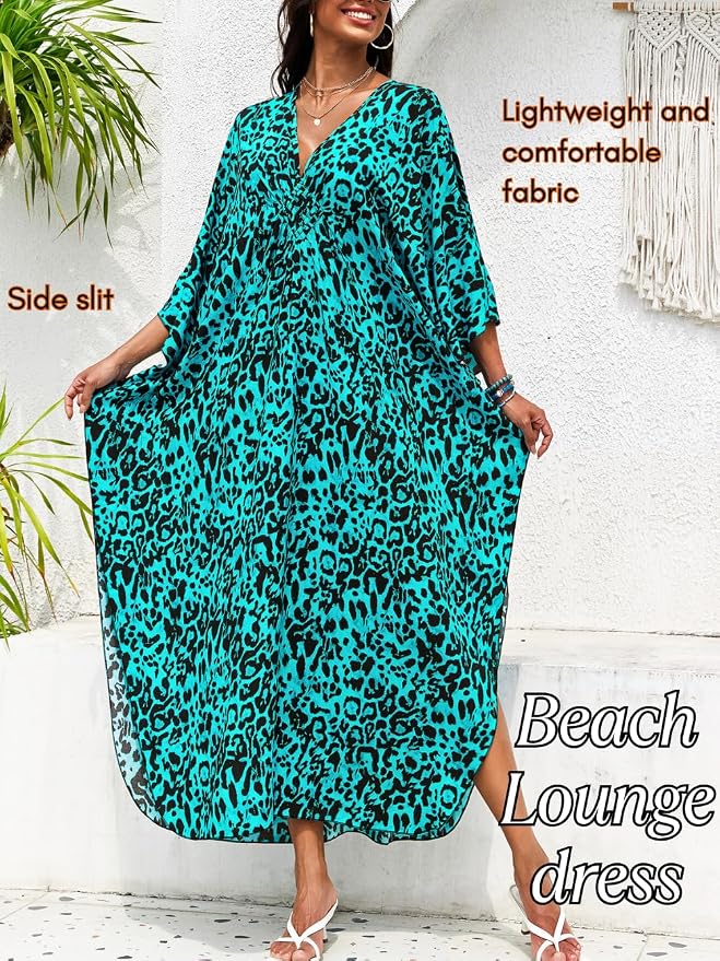 ChiaoLezhee Print Moo-Moos for Women, Kaftan Cover-Up Dresses, Sexy V-Neck High-Slit, Beach Pool-Party Coverups Muumuu Plus
