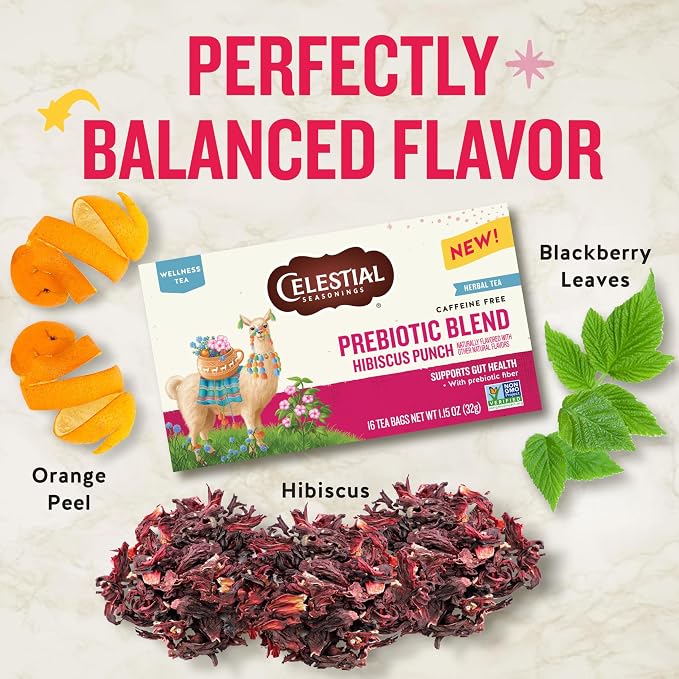 Celestial Seasonings Hibiscus Punch Prebiotic Blend Wellness Tea, Caffeine Free Herbal Tea for Gut Health & Digestive Support, 16 Tea Bags